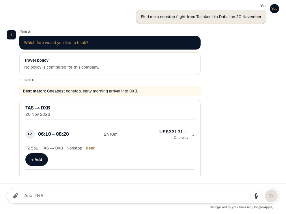 ITNA shared chat: the assistant puts together trip options from an employee’s request